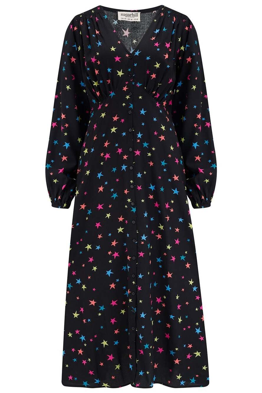 Sugarhill Brighton Bellatix Maxi Tea Dress Black Rainbow Star Confetti US 8